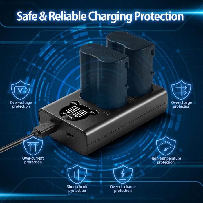 Запасний акумулятор EN-EL15 (2 шт.) та зарядний пристрій Dual LED USB для камер Nikon Z6, Z7, Z8, D7500, D7000, D7100, D7200, D500, D600, D610, D750, D780, D800, D810, D800E, D810A, D850