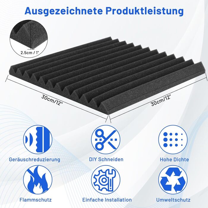Акустичний поролон для звукоізоляції, панелі шумопоглинаючі 30x30x2.5 см з клейкою основою, набір 52 шт для студії звукозапису та домашнього кінотеатру