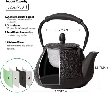 Cast Iron Teapot, 950ml Japanese Cherry Blossom Pattern Teakettle, Stovetop Safe, Infuser for Loose Tea & Coffee, Silicone Handle, Enamelled Interior, 32oz Blue (Black)