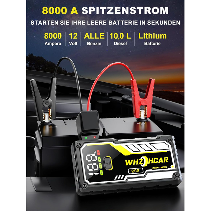 Powerbank для автомобіля 8000A 12V – Пусковий пристрій, бустер для акумулятора, зарядний пристрій для бензинових та дизельних авто (до 10л) з LCD дисплеєм, LED ліхтарем та кабелями для підключення (чорний)