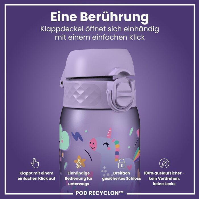 ion8 Insulated Stainless Steel Drinking Bottle 320 ml Leak-Proof One-Hand Opening Secure Locking Dishwasher-Safe Flip-Top Lid Carrying Handle Easy to Clean, Durable, Unicorn (Evo, Recyclon, Violet)