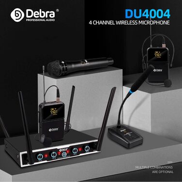 Debra 4-канальний UHF мікрофонний набір з 16 частотами | Дальність дії 80м, 4x Bodypack + Headset/Lavalier | Якість студійної звукозапису для співу, караоке та конференцій (2HD2LR2HT)
