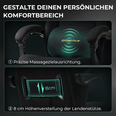 Ігровий крісло Dowinx з ергономічною підтримкою попереку, регульованою підголівником, посиленим сидінням, висувною підніжкою, регульованими підлокітниками, мікрофібровим велюром, нахилом 160°, чорне