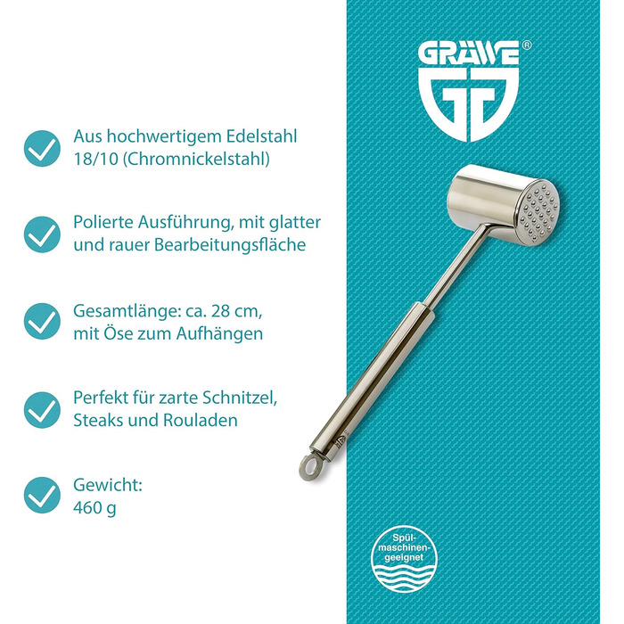Молоток для м'яса GRÄWE з нержавіючої сталі, двосторонній відбійний молоток з гладкою та рифленою поверхнею, 28 см