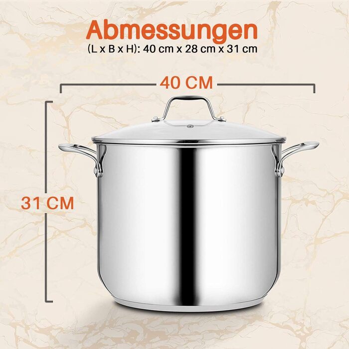 Каструля NutriChef 40 см, 14 л, з кришкою, нержавіюча сталь, для індукції, газу, електро, посудомийної машини, супова, для великих об'ємів
