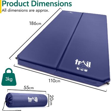 Надувна ізольована килимок/матрац для кемпінгу на двох осіб, 5 см, блакитний