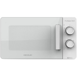 Мікрохвильова піч Cecotec Pro Clean 3120 з кварцовим грилем 800 Вт, антибактеріальним покриттям Ready 2 Clean, технологією 3D Wave, об'єм 20 л, 6 режимів, біла дверцята