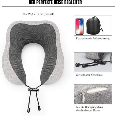 Подушка для шиї Wolke sieben з піною з пам'яті для подорожей (літак, авто) з маскою для сну та навушниками, сіра