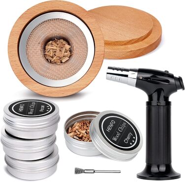 Набір для копчення коктейлів з ліхтариком: кулінарна запальничка для коктейлів, віскі та напоїв, 4 смаки дерев'яної стружки