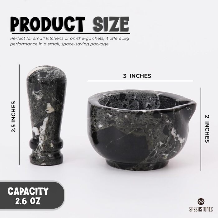 Набір мармурового ступки та пестика, 7,6 см, чорний, ручної роботи, для кухні, спецій, трав, дрібного помелу