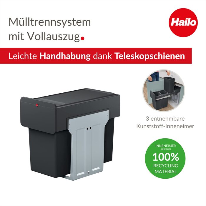 Hailo EcoLine Design Trio L Built-in Waste Separation System - Trio Waste Bin with Full Extension - Steel Sheet - Black - 25.6 x 41.8 x 48.6 cm - 3 x 10 l (3 x 10 Liters)