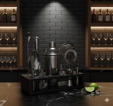 Набір бармена Highball & Chaser 13 предметів: шейкер для коктейлів, чорний полірований нержавіючий сталь, для домашнього бару, з лазерним гравіюванням, плюс E-Book з 30 рецептами коктейлів, колір Gunmetal