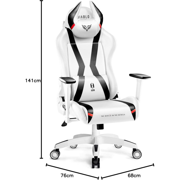 Ігрове крісло Diablo X-Horn 2.0 King (XL), біле, ергономічне, 3D підлокітники, офісне, з подушками для шиї та попереку, екошкіра, гойдалка