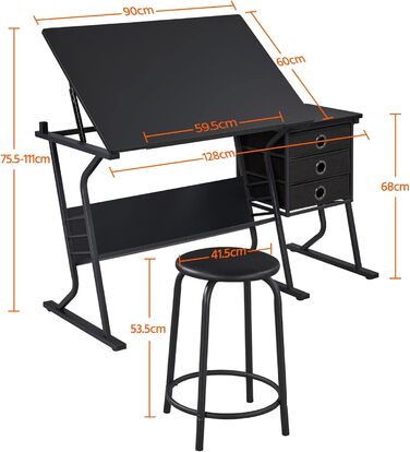 Yaheetech Kids Art Desk Set with Tiltable Tabletop, Side Table with 3 Drawers, Round Chair, and Storage Shelf for Writing, Reading, Painting, and Drawing
