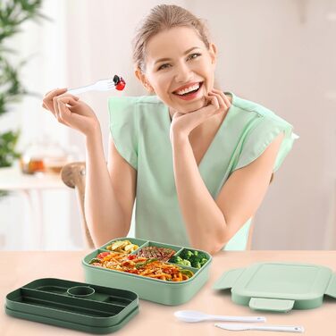 Ланчбокс Sinnsally для дорослих, 2000 мл з відділеннями, бенто-бокс, ланчбокс з посудом, виїздний ланчбокс, виїздний ланчбокс, герметичний ланчбокс, ланчбокс для сніданку, зелений