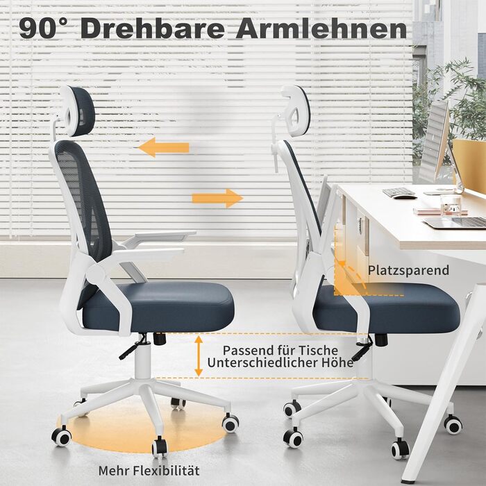 Офісний стіл Naspiro, ергономічне крісло з сітчастою спинкою, підтримка попереку, м'яке сидіння, регульована висота, для дому та офісу, сірий (темно-сірий, з підголовником)