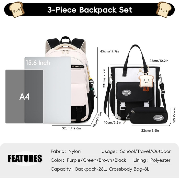 Шкільний рюкзак Tanou для дівчаток-підлітків, набір: рюкзак, сумка через плече та пенал, зелений (чорний)