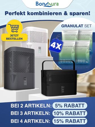 BonAura® Безструмний осушувач повітря - для підвалів, ванних кімнат та ін. - 980г осушувального грануляту в комплекті - Захист від плісняви (Off White + 5 X Гранулят)