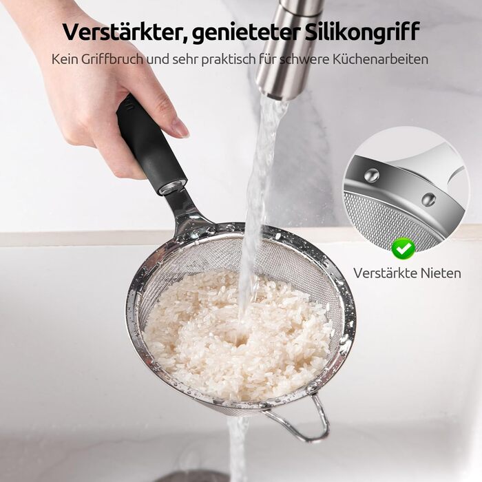 U-Taste Fine Mesh Sieve: Kitchen sieve made of 18/8 stainless steel, medium-sized metal sieve with a riveted, stable silicone handle for sifting flour, draining tea, rice, quinoa (Black, 12 cm)