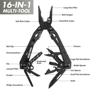 Мультитул Swiss+Tech 16 в 1 з нержавіючої сталі, мультифункціональний інструмент з ножем, відкривачкою та кліпсою для ременя, для кемпінгу та ремонту, з чохлом, чорний