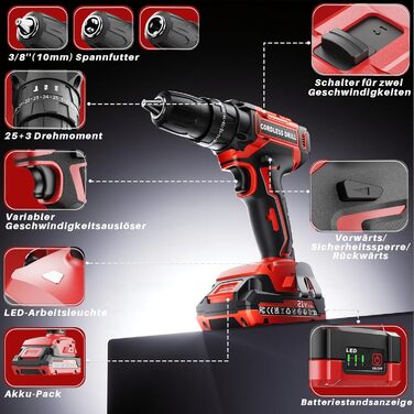 Акумуляторний шуруповерт 21V з двома акумуляторами 2000mAh, 45Nm, 25+3 ступені крутного моменту, LED, для дому та саду, DIY проєкти