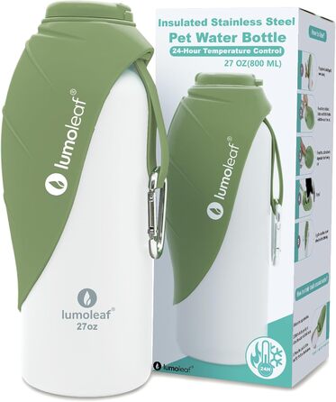 Термофляга для собак LumoLeaf з нержавіючої сталі, 800 мл, зелена - зберігає воду холодною/теплою, довговічна, портативна