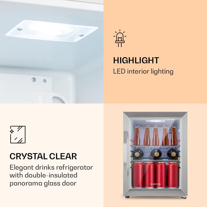 Міні-холодильник Klarstein з скляними дверцятами, 33 л, срібний, для кімнати, тихий, з регульованими полицями