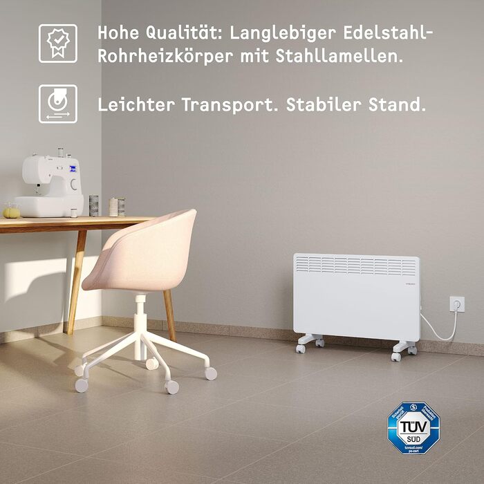 Електричний конвекторний обігрівач Stiebel Eltron 2 kW з таймером, для приміщень 25 м², з поворотними колесами, алюмінієва передня панель, TÜV-сертифікат