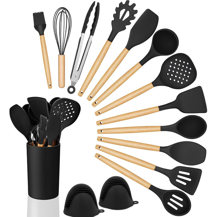 Набір кухонних аксесуарів Homikit 15 предметів з чорного силікону та дерев'яними ручками. Кухонний аксесуар, стійкий до високих температур, легко миється. З підставкою для аксесуарів.