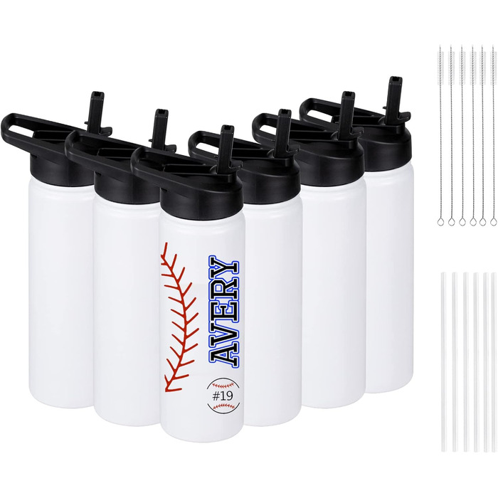 6 Sublimation Water Bottle Blanks, 680 ml, Customizable, Reusable Water Bottles, Bulk with Handle and Straw Lid, Leak-Proof and Lightweight for Sports, DIY Gift, White