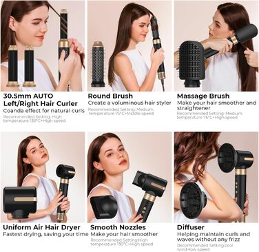 UKLISS Multistyler 7-в-1: фен, плойка, щітка для волосся, 1400W, турбіо, 3 температурні режими, насадки для локонів та випрямлення, чорний/турквіс