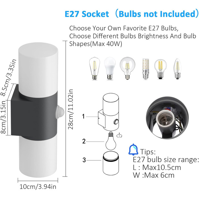 Klighten Wall Lights E27 Outdoor/Indoor, 2-Light Up and Down Outdoor Lamp, Outdoor Light Fixture, IP54 Outdoor Lamp, Aluminum Modern Outdoor Wall Lamp, Wall Lamp for Entrance Terrace, without Bulb (Dark Grey, with Motion Sensor)