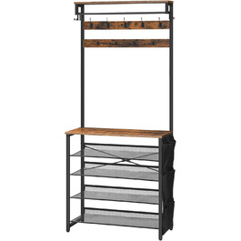 HOOBRO Coat Rack with Shoe Storage, Shoe Shelf with Coat Rack, Clothes Rack with 5-Tier Shoe Storage, Coat Rack with Shoe Cabinet, Adjustable Metal Grid Shelf, Greige EBG75MT01 (Vintage Brown + Black)