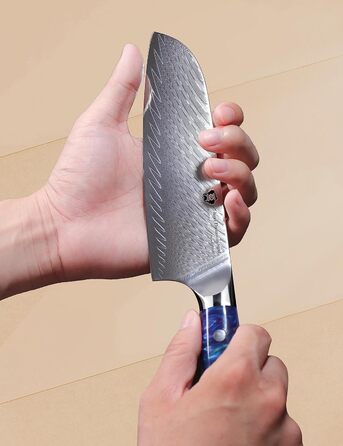 Японський кухонний ніж Santoku WILDMOK 17 см, сталь VG10 Дамаск, синій ергономічний руків'я для кухні