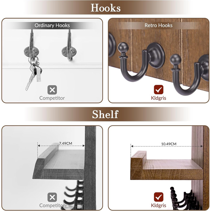 Дерев'яне ключове дощечка з полицею, 5 гачків, для прихожої, спальні, вітальні (колір: коричневий)