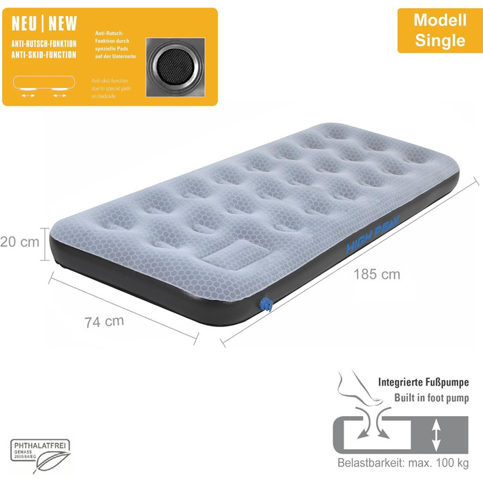 Надувний матрац High Peak Comfort Plus для кемпінгу та гостей, з насосом (185 x 74 x 20 см)