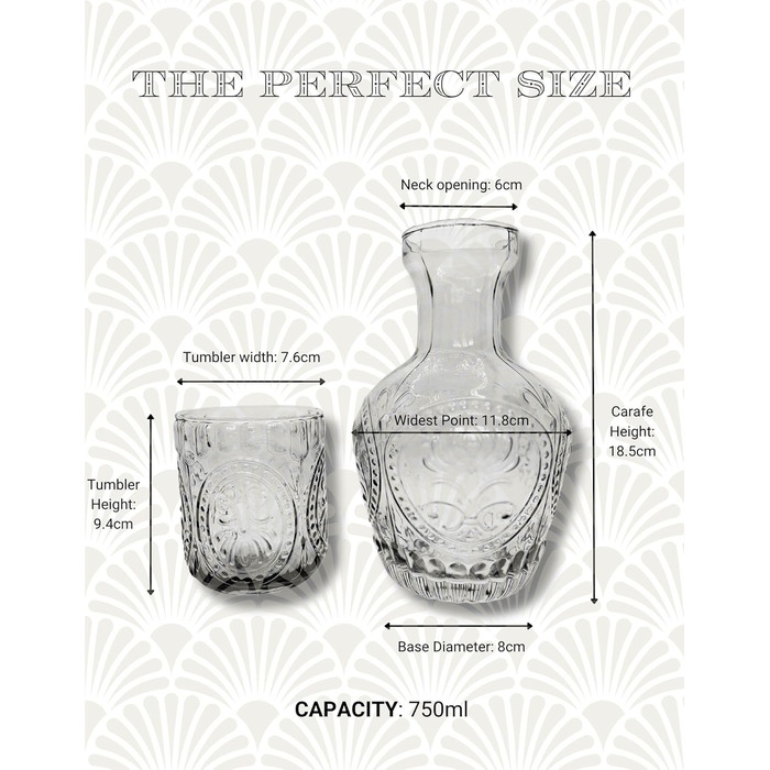 Curator Home Vintage Glass Carafe with Lid & Matching Drinking Glass – 750 ml Capacity – Elegant Glass Jug for Water, Juice, or Wine – Stylish Home Decor for Kitchen or Dining Room (gray)