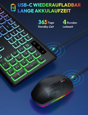 Бездротова клавіатура та миша з підсвічуванням, USB-C, тиха, для Mac/Windows/PC/Laptop, QWERTY (Чорний)