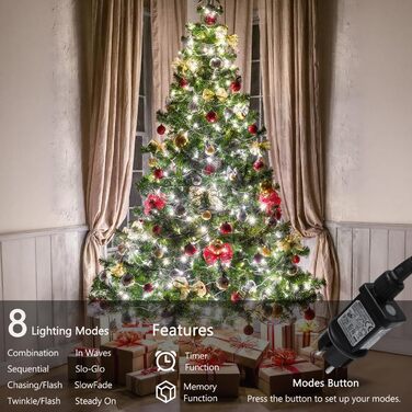 Ланцюжок прикрас Joomer 200 LED, 20 м, на батарейках з таймером, 8 режимів, вологостійкий, тепле біле світло, для декору саду, вечірки, весілля, внутрішнього та зовнішнього використання