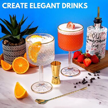 Набір келихів для джину Vemacity Luxuriöses Gin Gläser 2er Set: 2 келихи з золотими деталями (450 мл), ложка, мірний стакан, E-book з рецептами. Чудовий подарунковий набір.