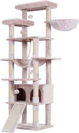 Багатоповерховий котячий будиночок Heybly Kratzbaum HCT033G, бежевий, 200 см, з 11 стовпчиками для шліфування, платформами, гамаком, печерою та іграшками