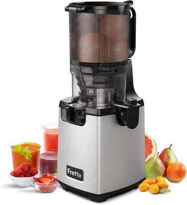 Fretta Slow Juicer, Winner in Vegetable and Fruit Tests, 250W Stainless Steel Electric Juice Extractor, Cold Press Juicer Machine with 135mm Large Opening, Easy to Clean, Reverse Function, BPA Free