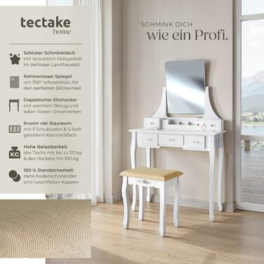 Туалетний столик tectake білий з дзеркалом, 4 шухляди, пуф