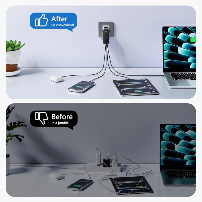 Зарядний пристрій USB-C 50W, 5 портів: 2 USB-C та 3 USB-A, PD 3.0, Fast Charge для iPhone, Samsung, телефонів, планшетів (Срібний)