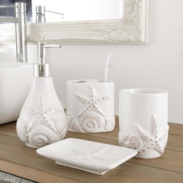 Набір для ванної кімнати з кераміки, білий, з візерунком мушлі (4 предмети): дозатор, тримач для зубної щітки, миска та мильниця