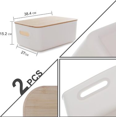 Kerhouze 2 PCS Storage Box with Bamboo Lid White Storage Plastic Box for Organization Stackable Storage Boxes with Handle for Kitchen Bathroom 38.4 * 27 * 15.2cm, 13L