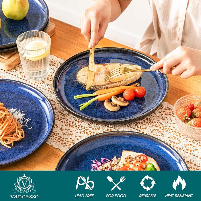 Vancasso Starry Blue 24-Piece Stoneware Dinnerware Set for 6 - Complete Tableware Set with Plates, Bowls