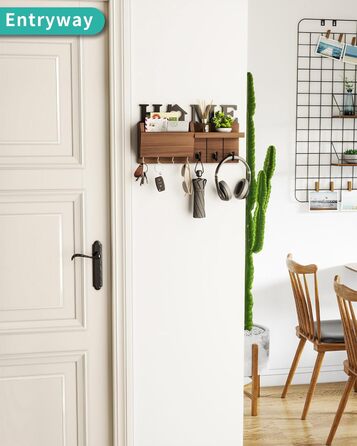 Держатель для ключів HapiRm з декором HOME, дерев'яне ключниця з 7 гачками, з полицею. Підходить для входу, передпокою, спальні, офісу, коричневий