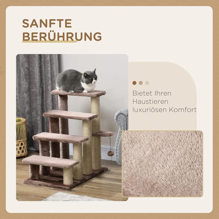 PawHut 3-Step Pet Stairs with Scratching Posts, Ball, Dog Stairs, Pet Stairs for Cats up to 5 kg, Plush Jute, White, 45 x 40 x 48 cm (60L x 40W x 64H cm, Brown)