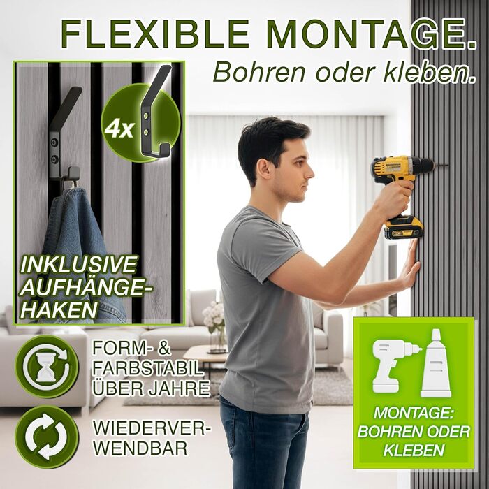 Акустичні 3D-панелі з дерева TRESKO для шумоізоляції стін, 120×60×2,1 см, колір Дуб сірий (набір 2 шт.) з вішалками для одягу